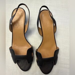 Hermes Black Leather H-Front Slingback Sandals
